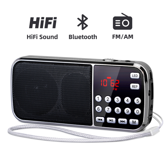 AM FM Radio Mini Radio Wireless Dual Speaker Heavy Bass LED Flashlight TF Card USB AUX Rechargeable Battery Mini Radio