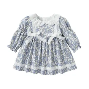 New model customized new design floral lace bow long sleeve baby girl dress