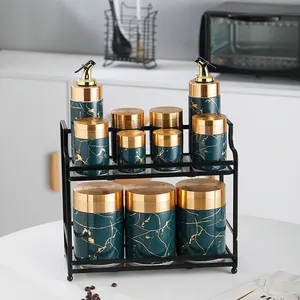 Zarif ebru tasarım mutfak gereçleri dekor yağ sirke şişesi çay kahve şeker teneke kutu baharat kavanoz altın seramik kutu seti