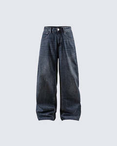 Jean en denim délavé à jambe large, taille haute, coupe ample, en coton, style décontracté, collection automne - Product Image 1