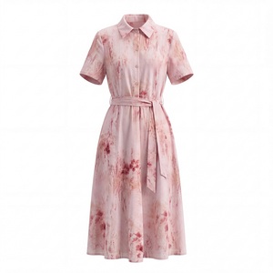 Pink Floral Print Natural Woven Breathable Casual Dress Shawl Collar Button Front Belted Midi Short Sleeve Women Dress - Product Image 1