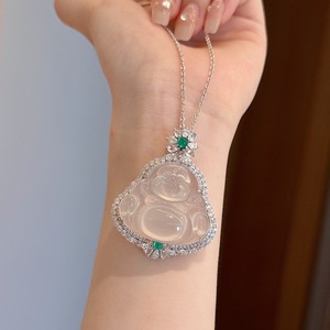 Collier en argent pur S925, petit, double couche, en forme de gourde, avec jadeite glacée chinoise rétro, nouveau bijou de niche exquis et transparent - Product Image 3