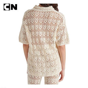 GRS Certification Sweater Manufacturer Custom logo <b>Women</b> Cotton <b>Short</b> <b>Sleeve</b> Summer Knitwear Hollow Out Crochet <b>Cardigan</b> Sweater - Product Image 4