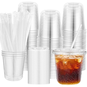 50 Vasos Desechables Transparentes de PET de 12 oz sin Tallo con Tapas y Pajitas para Café Helado, Fiestas de Cumpleaños y Bodas - Product Image 1