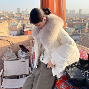 Mujer con Chaqueta de Plumón Blanca con Cuello de Piel de Zorro Grande, Pantalones Anchos Beige, Usando un Teléfono Inteligente. Fondo: <span class=keywords><strong>Kashgar</strong></span> - Product Image 1