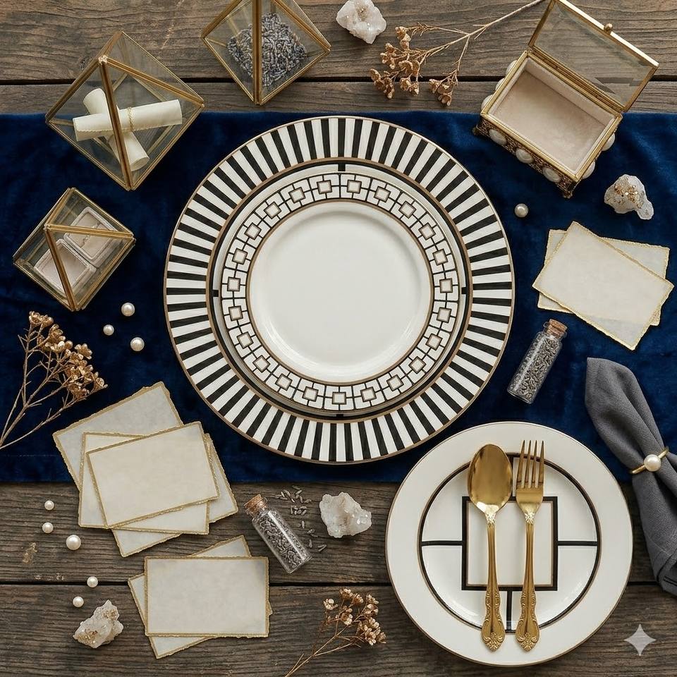 Luxury Art Deco Ceramic Dinnerware Set Black White Geometric Gold Rim ...