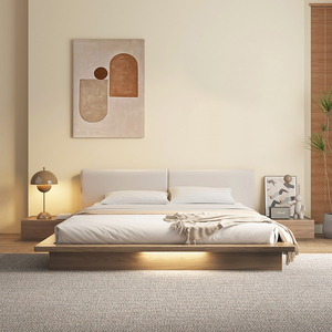 Lit japonais tatami, lit plateforme moderne en bois, lit tatami moderne à faible hauteur avec table de chevet et lumières - Product Image 2