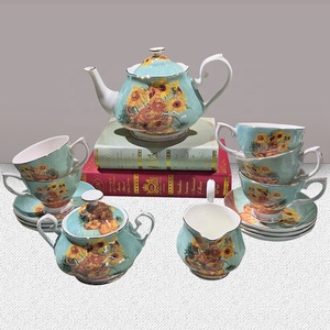 Service à café et thé vintage Van Gogh Tournesol 15 pièces en porcelaine fine classique avec tasses florales, crémier, sucrier et théière - Product Image 3