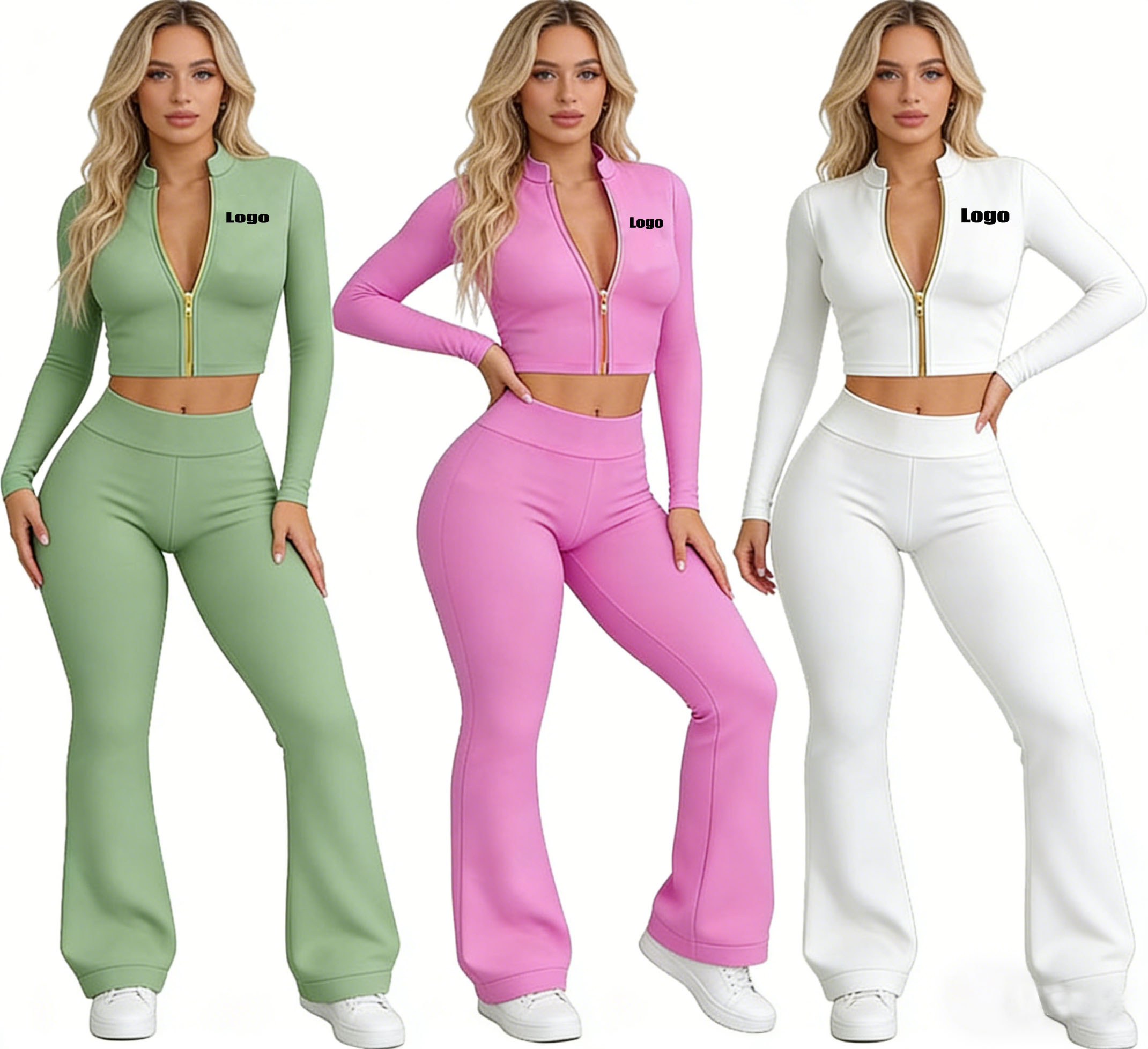 Custom Logo Y2K Women Active Wear 2 Piece Tracksuit Set Full Zip Jacket Flare Pants Jogger Yoga Gym Fitness Workout Clothing