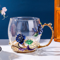 Ensemble de tasses à café et à thé en verre cristal de luxe créatif, cuillère, fait main, soufflé à la bouche, art moderne, design coloré transparent bleu rose