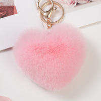 Porte-clés de voiture en forme de cœur en vraie fourrure de lapin Rex, pompon en fourrure, pendentif en peluche cœur pêche, pendentif de sac en forme de cœur pour ceinture
