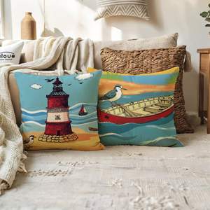 4 Fundas de Almohada Cuadradas con Diseño de Playa, <span class=keywords><strong>Faro</strong></span>, Velero y Silla de Cubierta, Ideales para Decoración del Hogar - Product Image 2