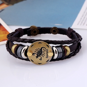 Punk Style Antique Plaqué Or Charme Astrologie Tressé Corde En Cuir Hommes 12 Signe <span class=keywords><strong>Du</strong></span> Zodiaque Bracelet Bijoux - Product Image 6