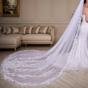 Cathedral Long Train Bridal Veil Heavy Embroidery Lace Wedding Main Veils