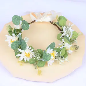 New Mori Department girls handmade white chrysanthemum crown eucalyptus leaf circle thread ring wreath hair accessories