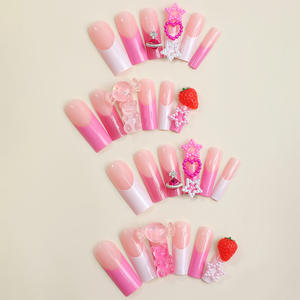 Uñas Postizas Hechas <span class=keywords><strong>a</strong></span> Mano, Estilo Francés, con Bordes <span class=keywords><strong>de</strong></span> Corazones <span class=keywords><strong>de</strong></span> <span class=keywords><strong>Caramelo</strong></span> y Perlas, Puntas <span class=keywords><strong>de</strong></span> Uñas Extensibles con Pegamento, Venta Directa <span class=keywords><strong>de</strong></span> Fábrica - Product Image 3