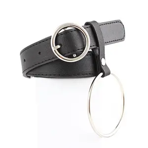 Fashion Belt Metal Circle Buckle Belts Decorated Jeans Female Woman Black Pu Leather Belts