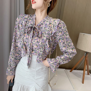 Nueva moda <span class=keywords><strong>mujer</strong></span> señoras primavera <span class=keywords><strong>camisas</strong></span> <span class=keywords><strong>elegantes</strong></span> <span class=keywords><strong>manga</strong></span> <span class=keywords><strong>larga</strong></span> cuello en V lazo Correa Floral Tops blusa camiseta Casual camisa - Product Image 4