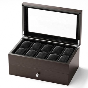 Nouvelle boîte à montres en bois multifonctionnelle à 10 emplacements, présentoir à bijoux à 2 niveaux avec tiroir pour montres, bagues, bracelets et bijoux - Product Image 3