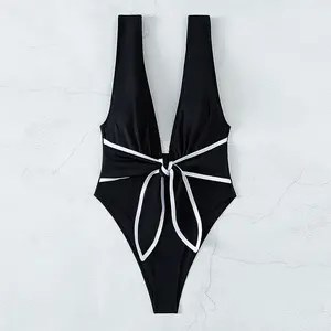 Hot Open Deep V Tie Front One Piece Swimsuit Designer Swimwear Women Sexy Bathing Suits