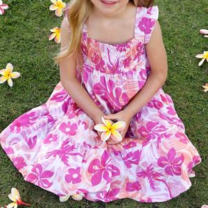 Vestido Hawaiano Floral de Fábrica, Vestido Fruncido de Alta Calidad, Vestido Midi de Lino Personalizado para Niños - Product Image 3