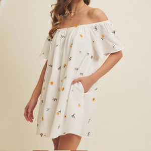 Manufacturer's summer off-shoulder embroidered floral <b>dress</b> custom COTTON GAUZE mini <b>dress</b> with pockets - Product Image 3