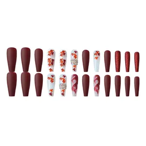 Hot Sale 24 Pcs/Set Personalizado Dedo Prego Dicas Longo Caixão Quadrado Imprensa No Prego Red Maple Leaf