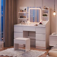 Coiffeuse avec 3 étagères de rangement avec miroir lumineux coloré Bureau de maquillage Table de coiffeuse Coiffeuse de beauté pour chambre à coucher