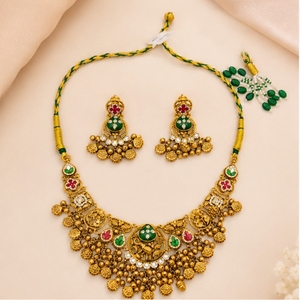 Traditional 925 <b>silver</b> <b>Necklace</b> <b>Set</b> With Green And Red Stones Ethnic Bridal Choker With Matching Earrings Women's Jewelry - Product Image 3