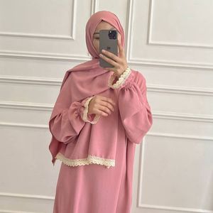 Ensemble Abaya Hijab Deux Pièces Mode Dentelle Robe de Prière Islamique Couleur Unie Robe Musulmane Élégante Manches Longues Khimar Abaya - Product Image 5