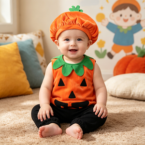Abbigliamento per neonati a tema zucca per Halloween, vestiti per bambini e bambine, abiti senza maniche per neonati, magliette + cappello abbinato - Product Image 2