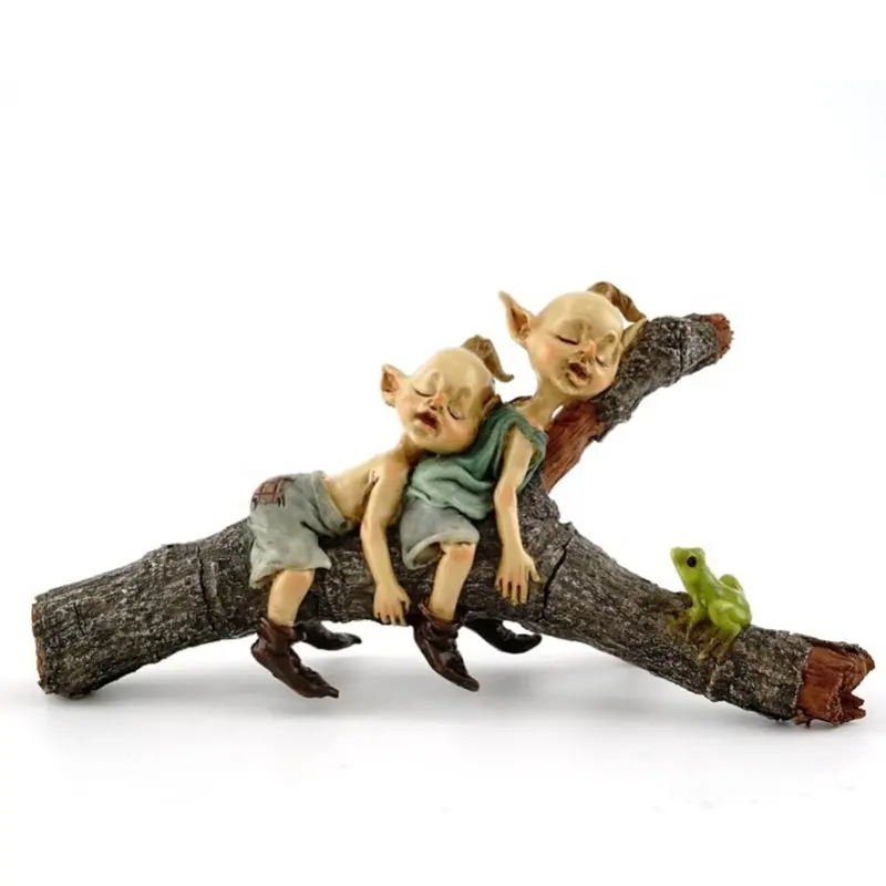 ED11067G patung Resin miniatur peri terarium Dekor taman kembar Pixies Napping di pohon patung kayu, patung kecil Elf eidolo