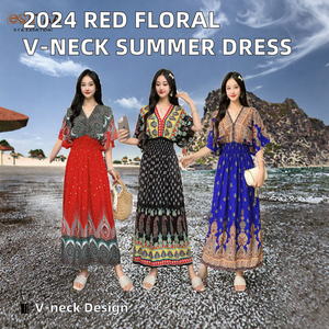 المرأة الصيف فستان ماكسي نمط جديد أحمر طباعة الأزهار فضفاضة الخامس الرقبة الساتان جنوب شرق آسيا أزياء الشاطئ عارضة للنساء - Product Image 3