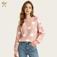 AJB Wholesale Pull en viscose tricoté anti-boulochage pour femme, col rond, manches longues, imprimé cœurs, coupe ample, Fournisseur OEM