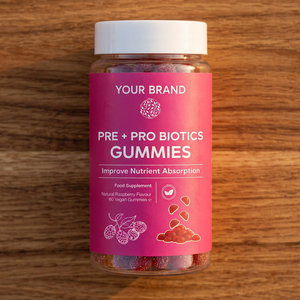 Gummies prébiotiques et probiotiques de qualité supérieure, saveur framboise naturelle, texture moelleuse et masticable, contenant scellé, complément alimentaire - Product Image 1