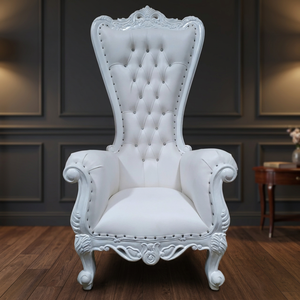 Fauteuil de loisirs capitonné antique français à dossier haut en cuir synthétique blanc et bois massif pour villa, bureau à domicile, chambre, salon, salle à manger - Product Image 3