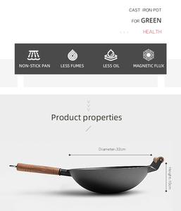 Wok antiadherente, venta directa de fábrica, wok para freír de hierro fundido presazonado con tapa de madera para <span class=keywords><strong>restaurante</strong></span> o uso doméstico - Product Image 6