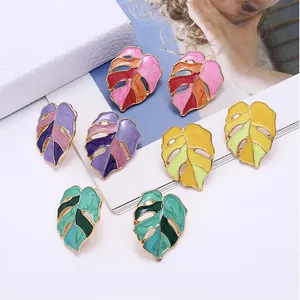 Fashion Colorful Metal Enamel Leaf Earrings Fashion Pure Gold Stud Earrings trendy Jewelry Women 2021 Earrings