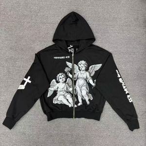 Nuova <span class=keywords><strong>Felpa</strong></span> con Cappuccio Nera Oversize con Zip e Stampa Appliqué Angelo, Design Tagliato, Stile Streetwear Cristiano, 100% Cotone - Collezione 2026 - Product Image 1