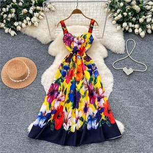 Women's Denim Vintage Casual Maxi <b>Dress</b> V-neck Spaghetti Strap High Waist Full A-Line Skirt Daily Wear Contrast <b>Stitching</b> - Product Image 4