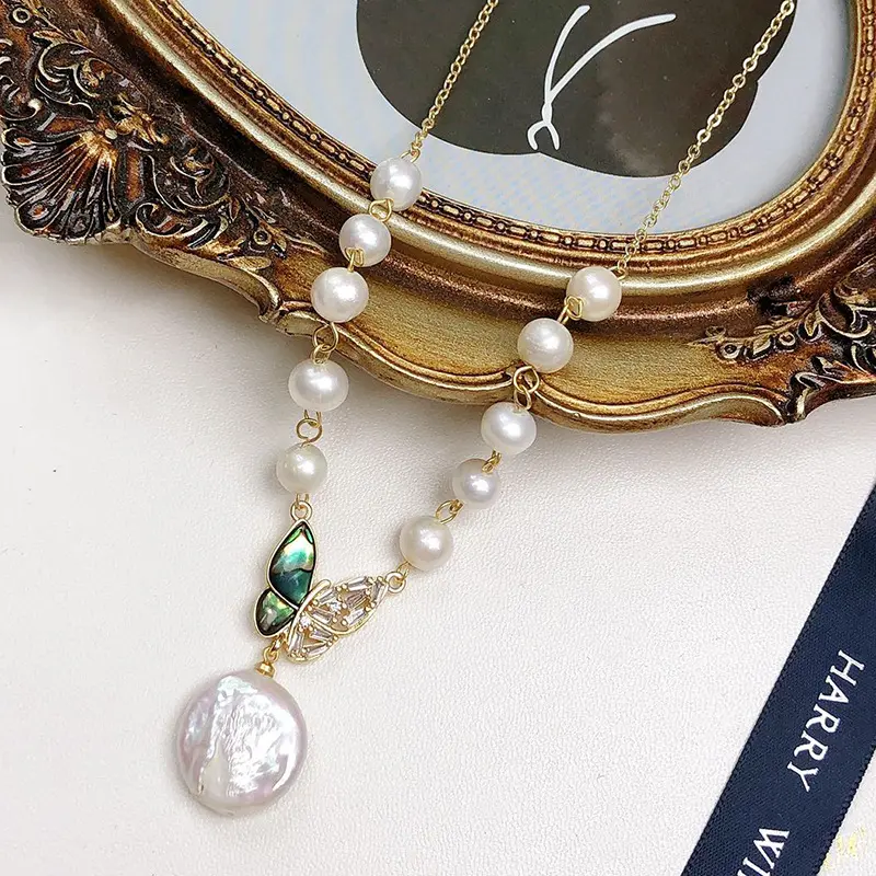 Grosir wanita Barok manik-manik mutiara kalung Shell liontin kupu-kupu mutiara air tawar kalung perhiasan untuk hadiah anak perempuan