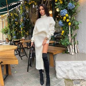 Inverno nuovo stile signore collo alto allentato Pullover camicetta lavorata a <span class=keywords><strong>maglia</strong></span> divisa Sexy gonna lunga nera maglione vestito due pezzi vestito - Product Image 5