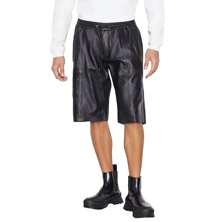 Spring Summer New Fashion Solid Plain Luxury PU Faux Leather High Waist Men's Black Shorts