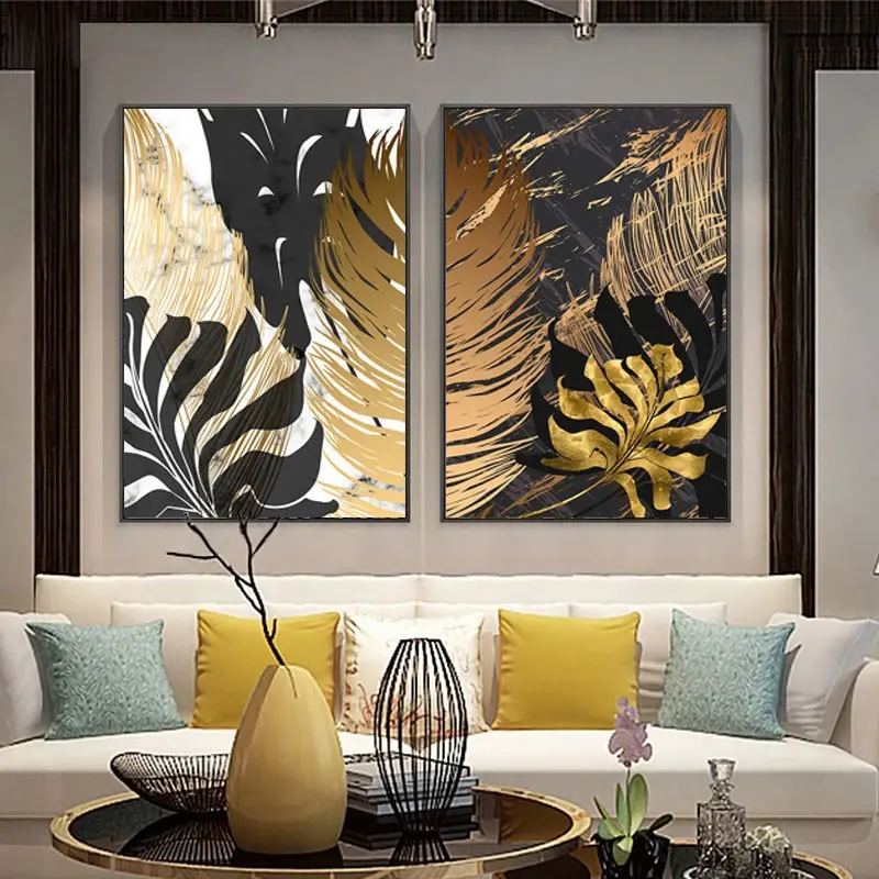 Grosir gambar daun emas Poster cetakan logam dekorasi Modern lukisan dinding seni kanvas cetak untuk ruang tamu