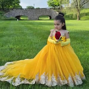 Vestidos de Niña de las Flores Amarillos Personalizados <span class=keywords><strong>para</strong></span> Boda, Apliques de Encaje y Tul con Lazo, Primera Comunión, <span class=keywords><strong>Vestido</strong></span> Clásico <span class=keywords><strong>para</strong></span> Banquete de Cumpleaños - Product Image 1