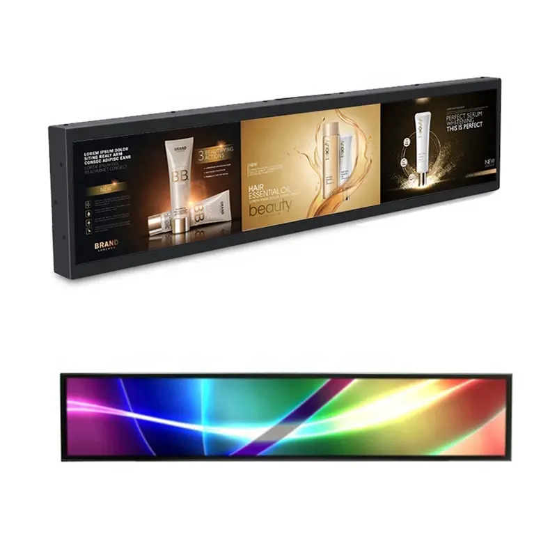 28 인치 실내 뻗어 바 LCD 디스플레이 안드로이드 7.0 선반 가장자리 디지털 간판 스트립 화면 시장 매장 광고 플레이어