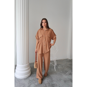 ชุดเสื้อเชิ้ตผ้าลินินและกางเกงขายาวสีน้ำตาลเอวผูกเชือก ชุดผู้หญิงไซส์ S - Product Image 3