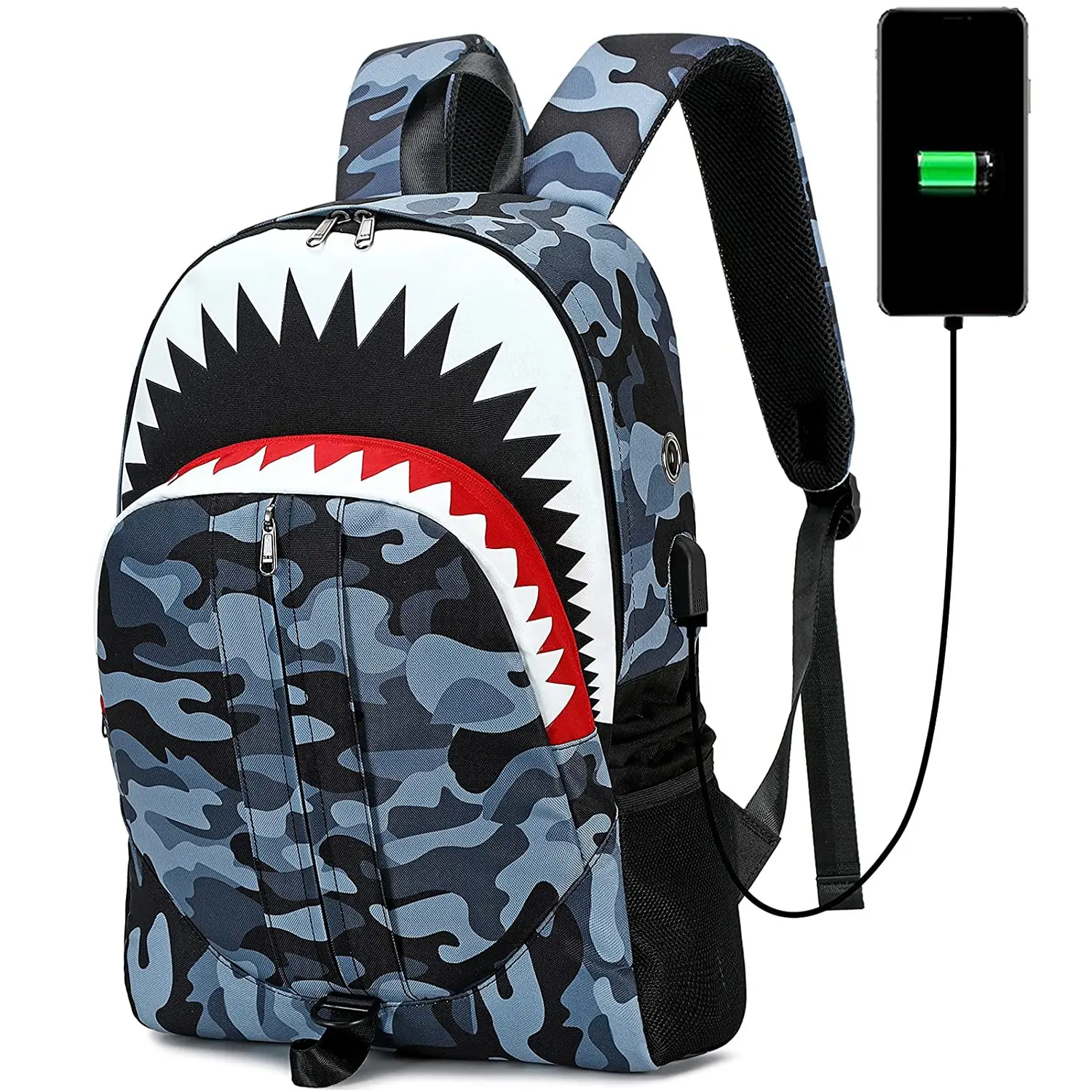 Sharkmouth Backpack Cool Shark Bookbags for College Luminous School Backpack shark mouth USB Charge backpack For School