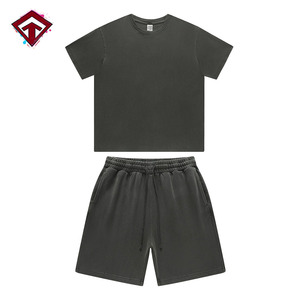 Ensemble T-shirt et short pour <span class=keywords><strong>homme</strong></span> en coton 100% vintage délavé à l'acide, manches courtes, poids lourd - Product Image 1