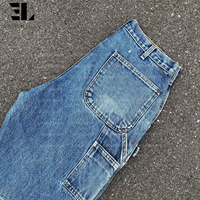 LARSUR Short en jean cargo pour homme, coupe baggy, double genou, délavé effet vieilli, bords bruts, style charpentier et skate, fabrication sur mesure
